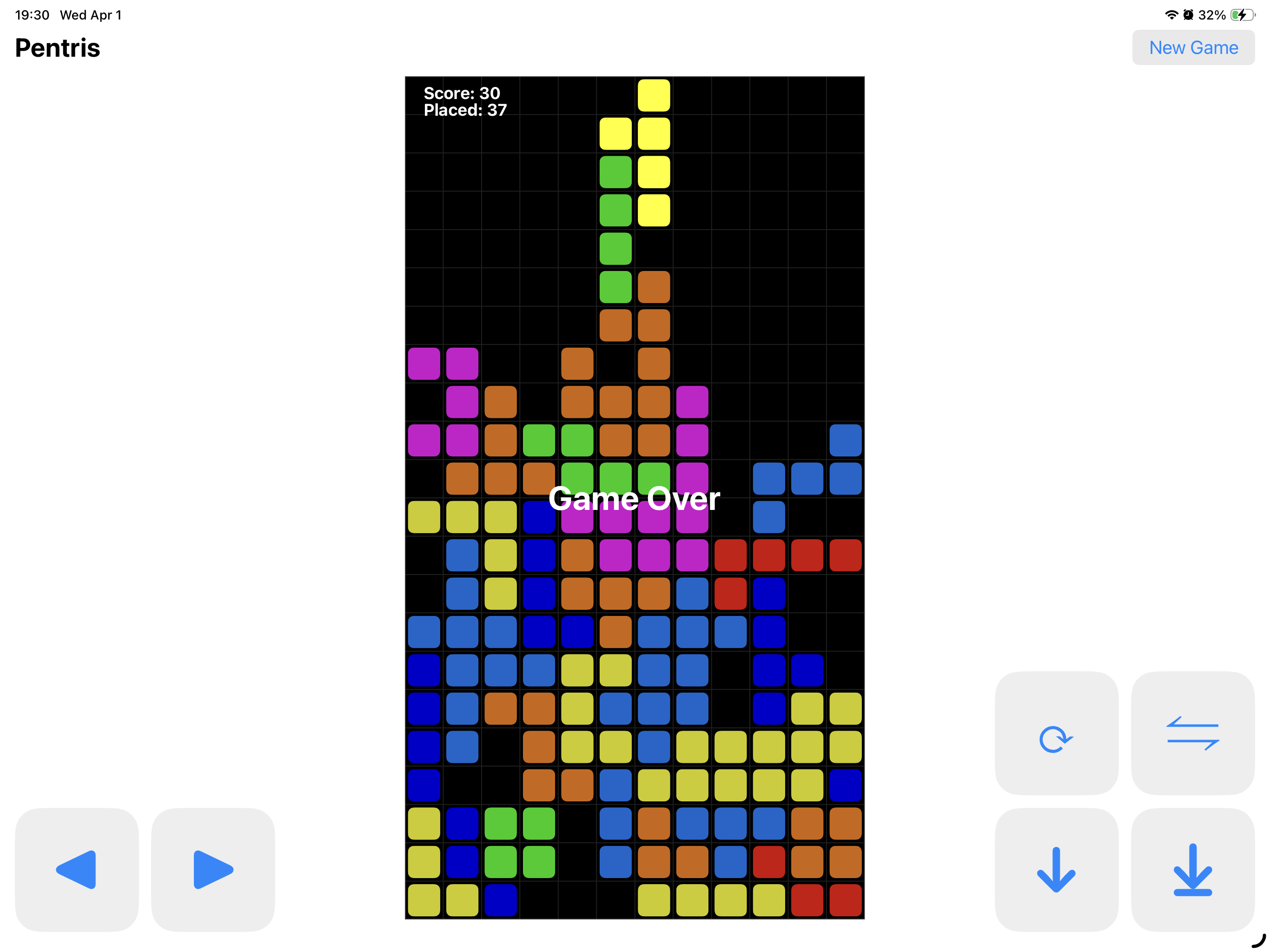 Screenshot of Pentris on iPad showing colorful pentomino blocks falling on a dark grid.