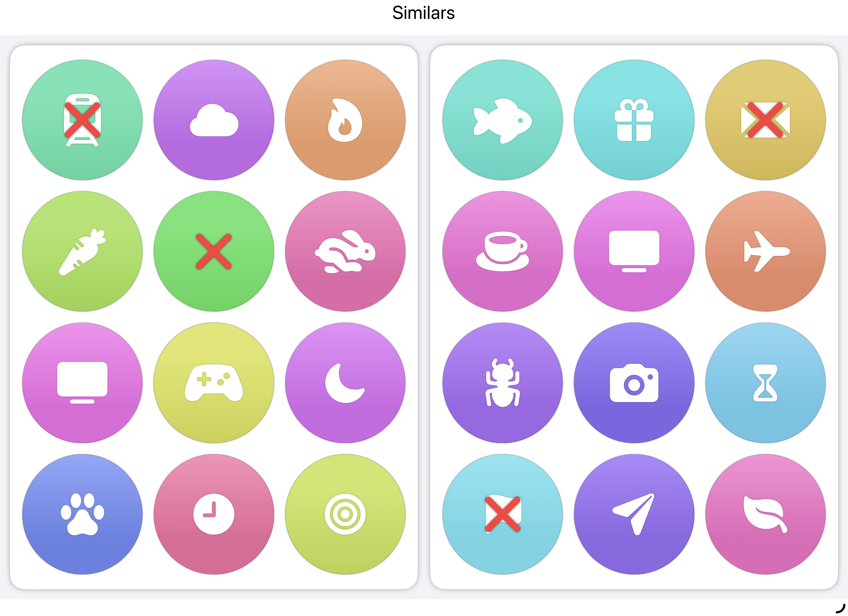 Screenshot of Similars showing two grids of colorful icons in pastel circles.
